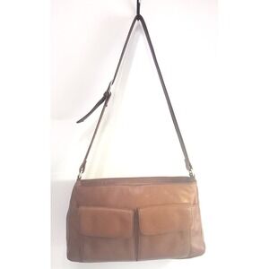 Preston & York Brown Faux Leather Shoulder Bag  Front Pockets Striped Lining Y2K
